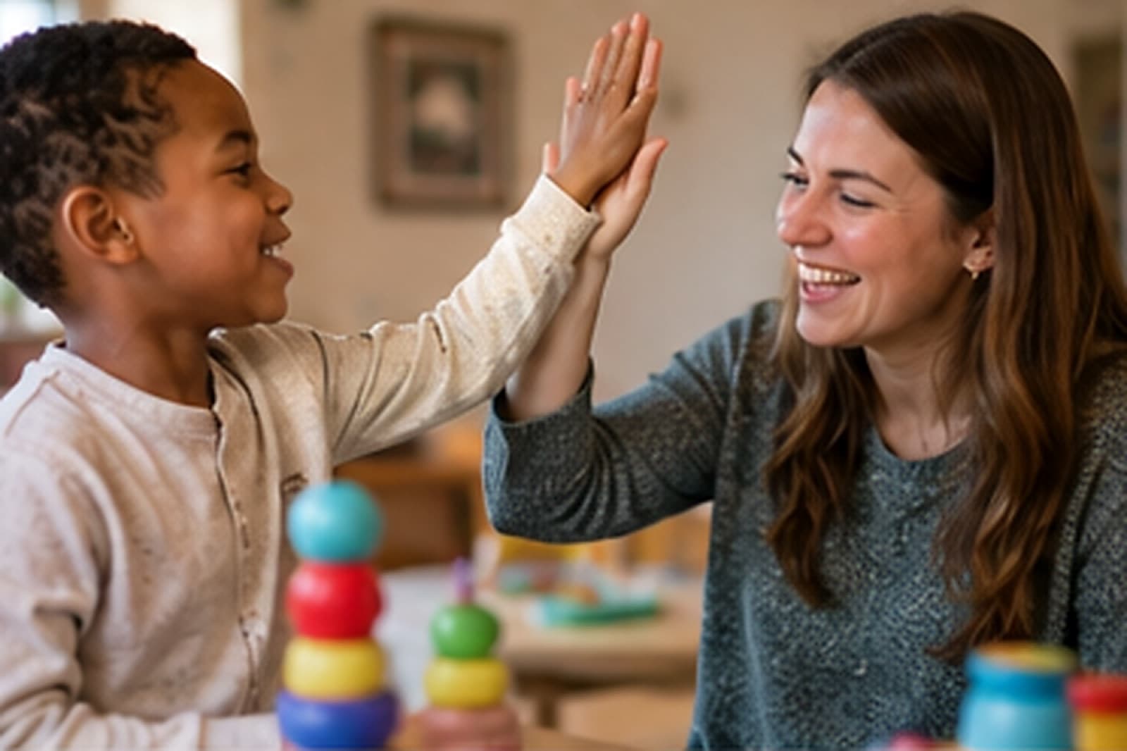 A boy and his Golden Touch therapist celebrating with a high five
