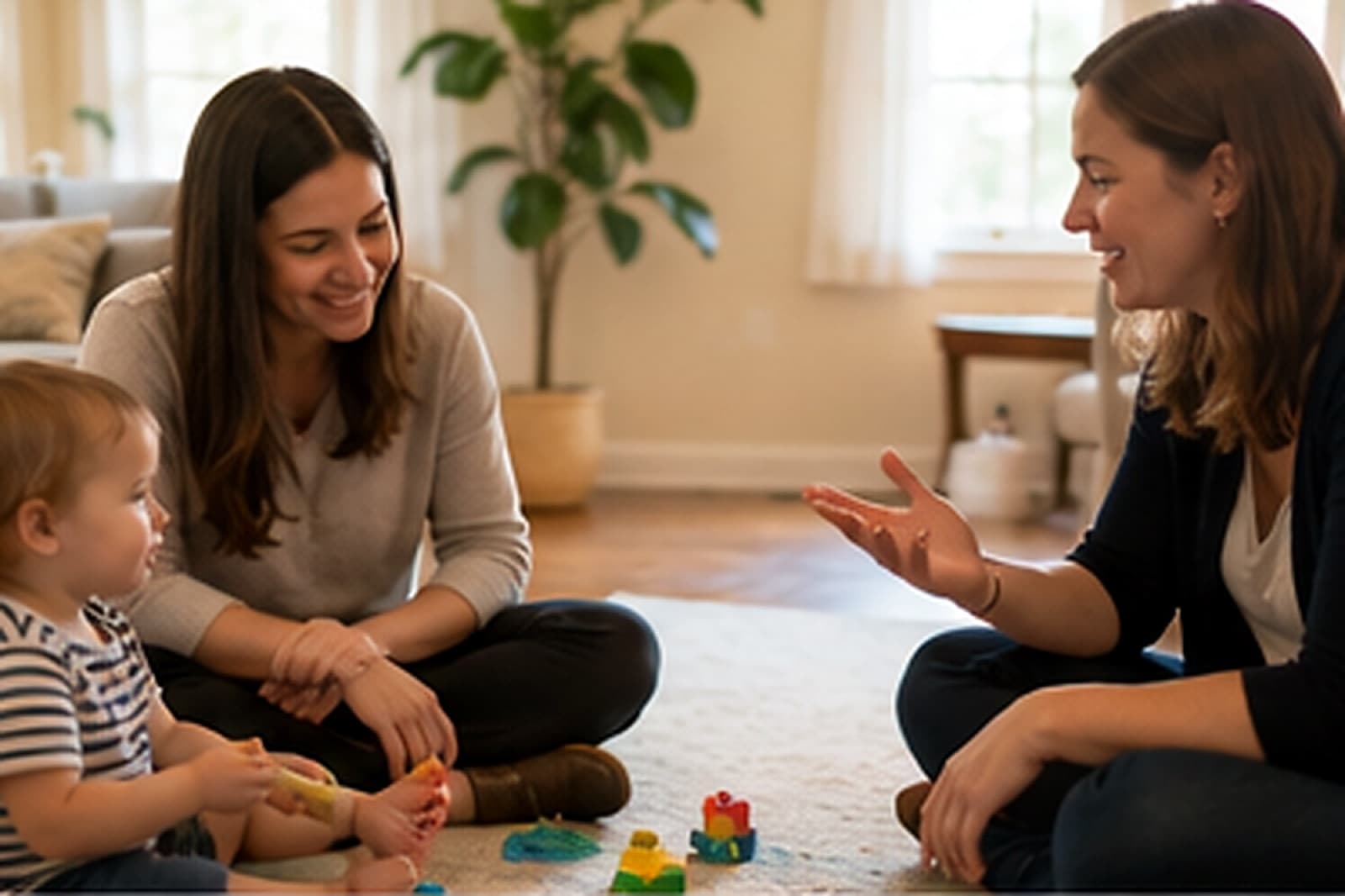 A therapist coaching a mother during an in-home parent training session