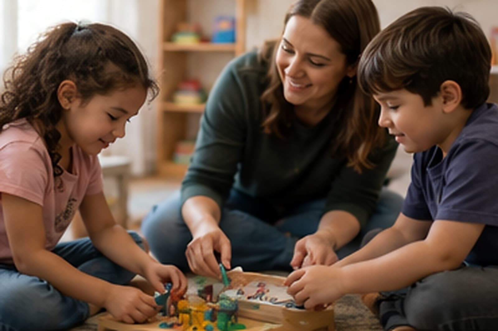 A therapist playing with two siblings during an in-home session in Utah