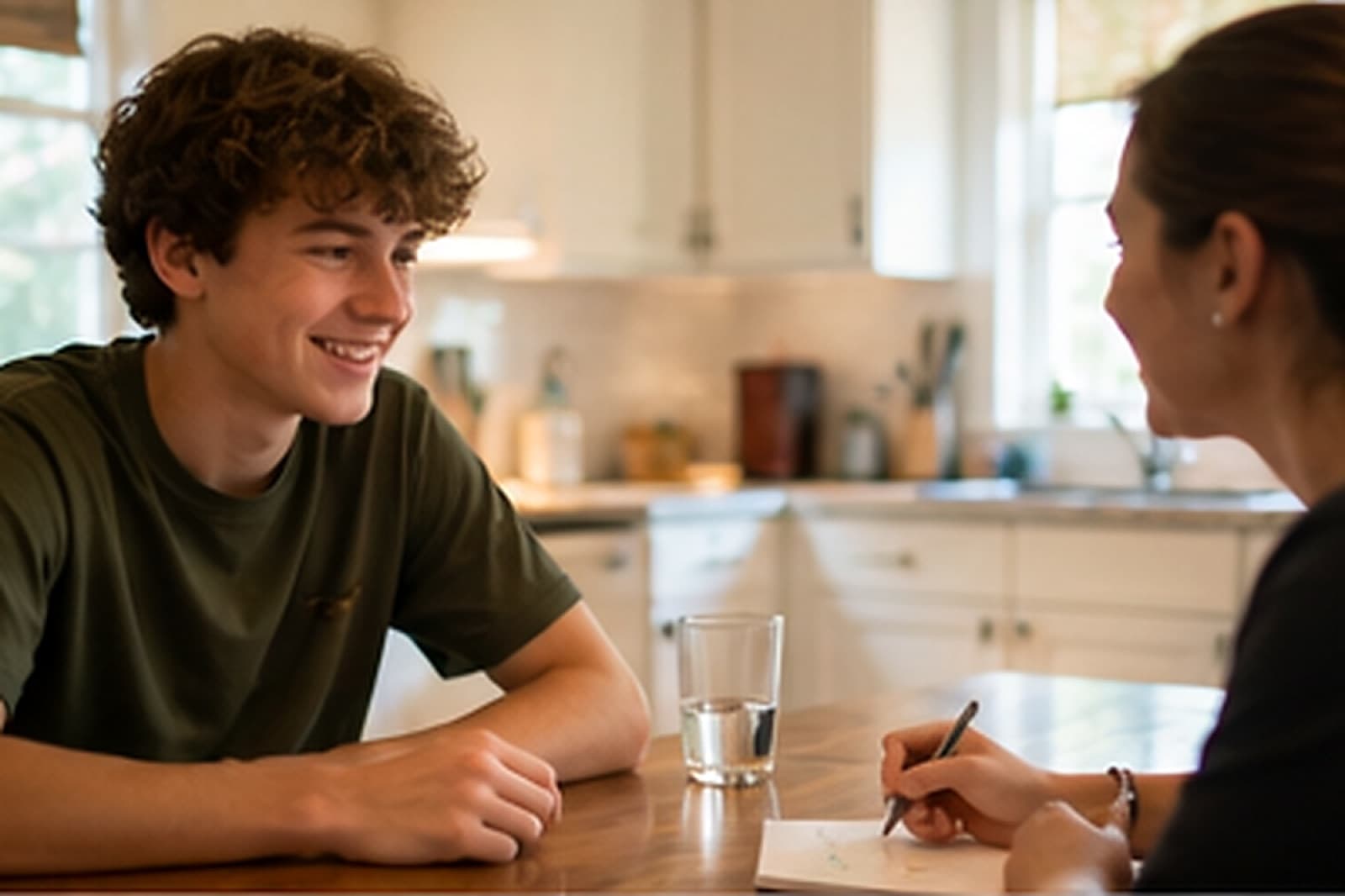 A teenage client practicing conversation skills with his therapist at the kitchen table