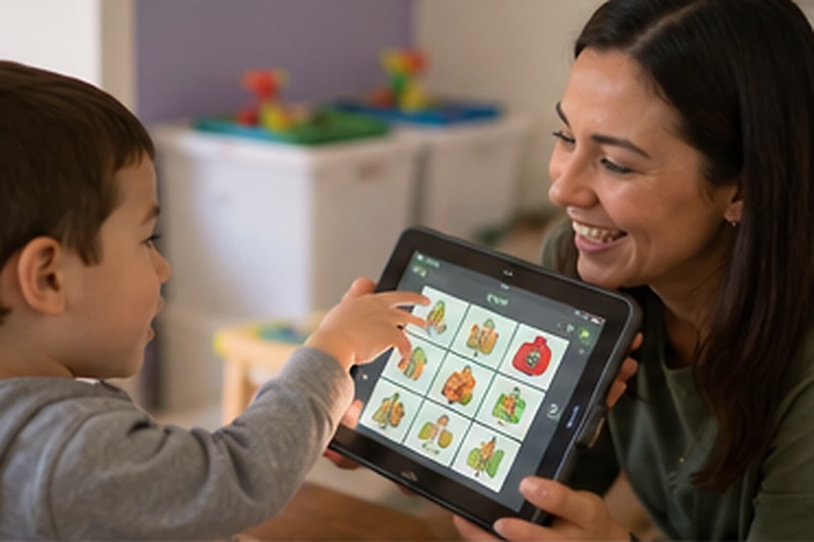 A young boy choosing a picture on a communication tablet held by his therapist