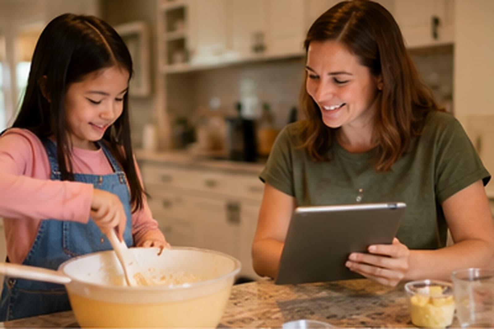 A therapist recording data on a tablet while a girl stirs a mixing bowl in her family's kitchen